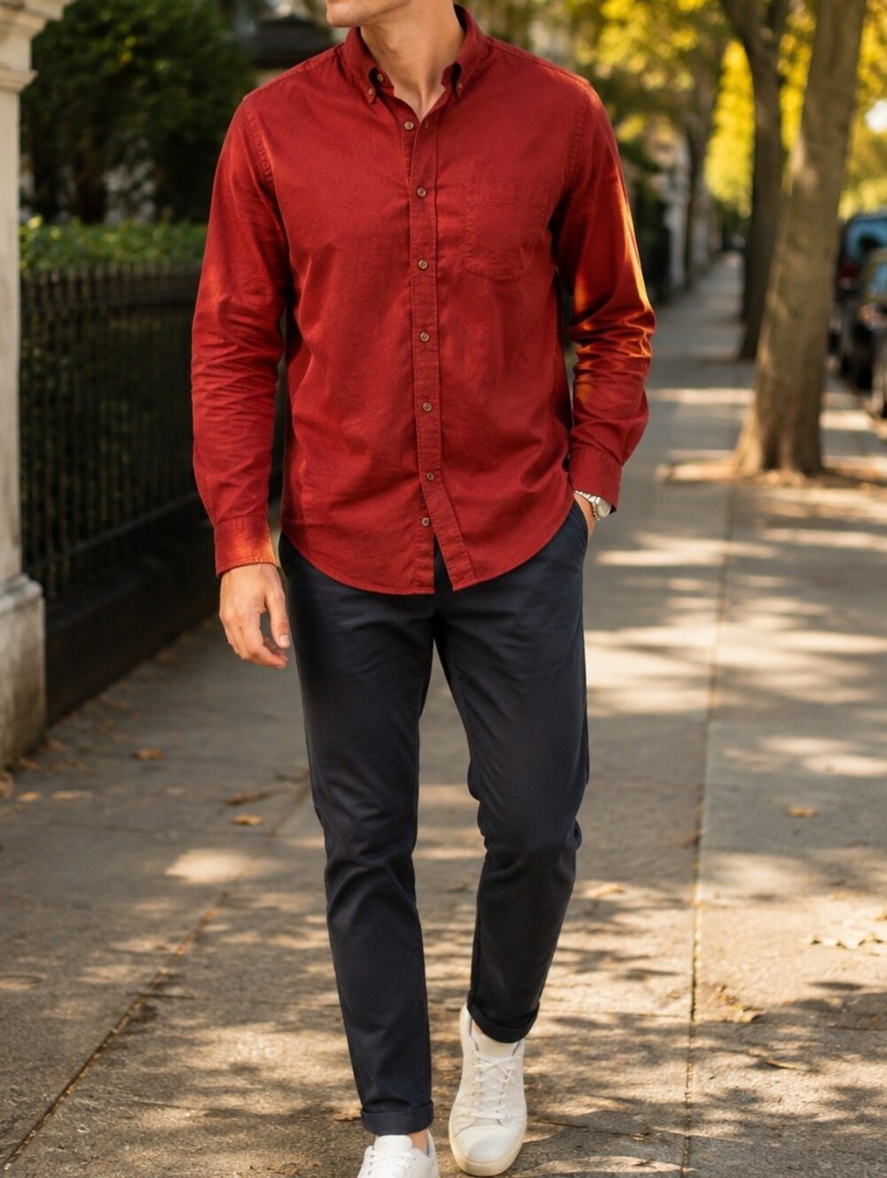 Express Men’s Deep Red Cotton Blend Button Down Long Sleeve Shirt Casual Preppy